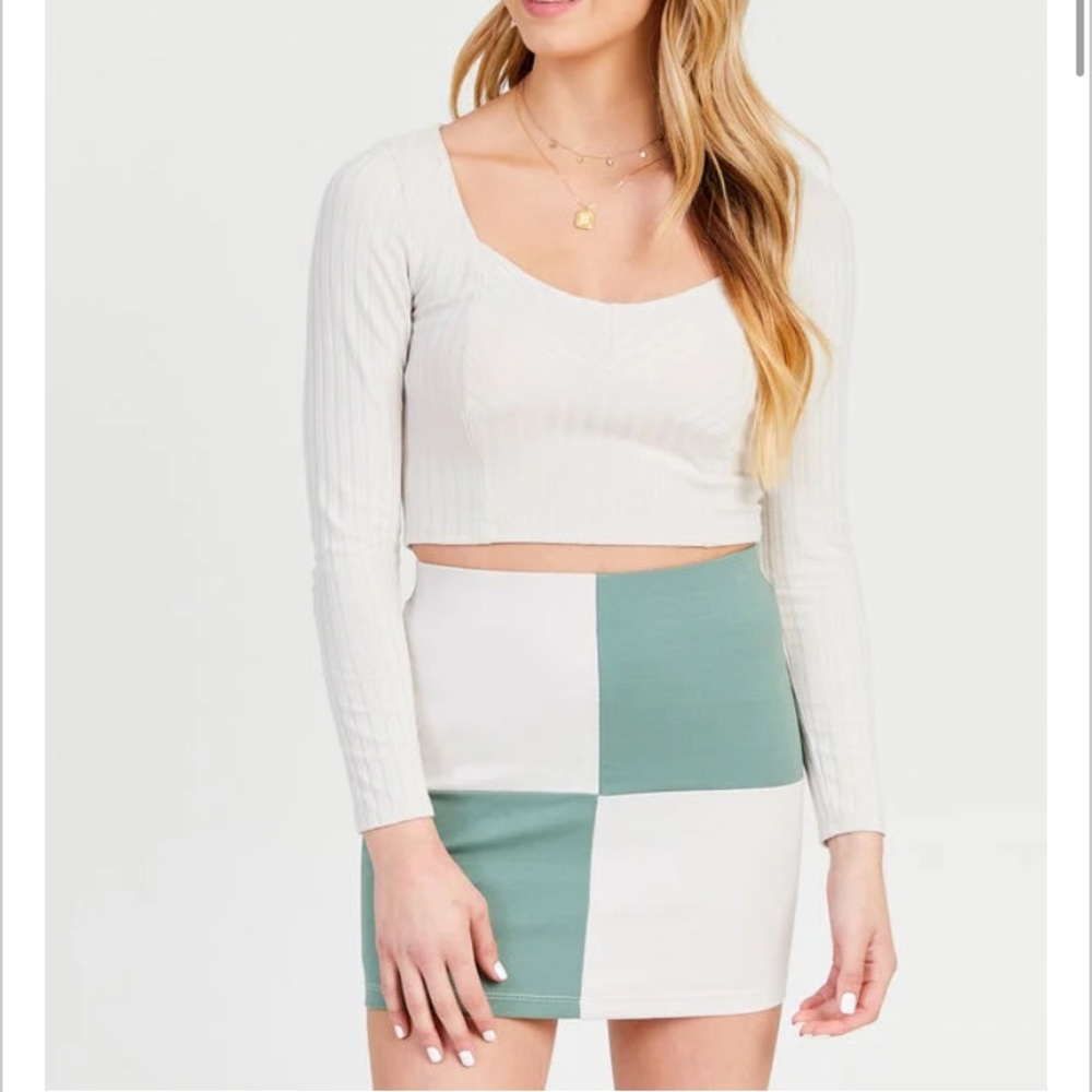 NWT Altar’d State Cream and Sage Green Block Mini Skirt
